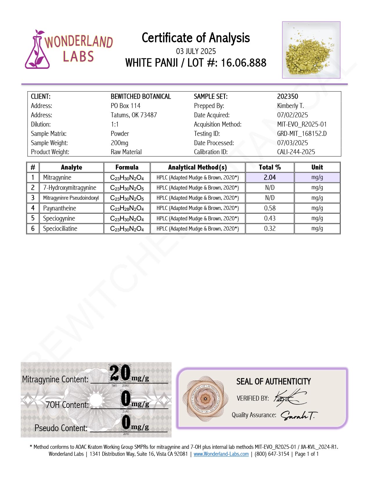 Certificate of Analysis for White Panji Kratom Batch 16.06.888 from Wonderland Labs showing 2.04% Mitragynine